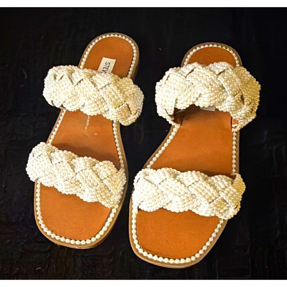 Steve Madden Women's White/Beige Beaded Slide Sandals Slip-On Size 9M